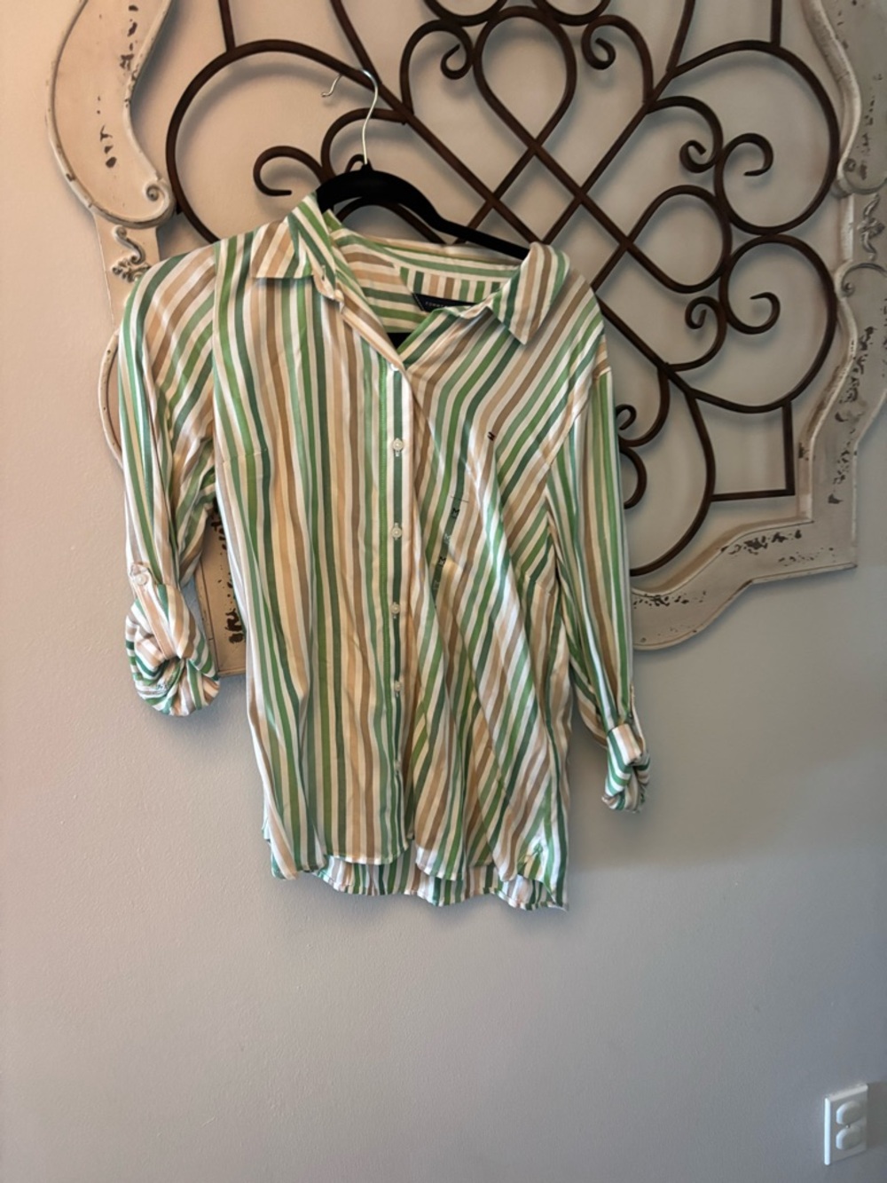 Tommy Hilfiger Green White and Tan Striped Button Down Shirt